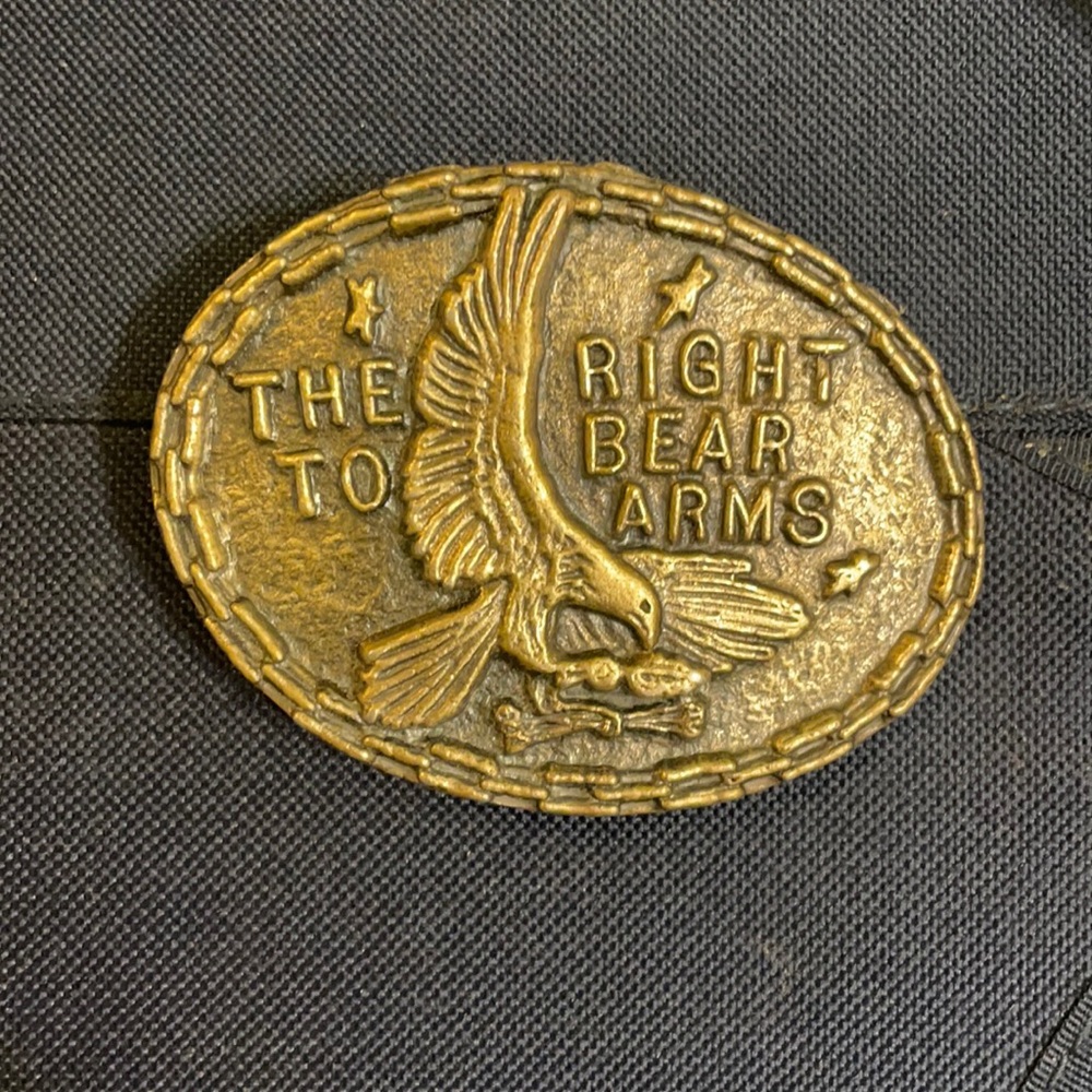 vintage brass belt buckle. “THE RIGHT TO BEAR ARMS”